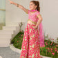 Girls Magenta Ethnic Floral Print Cotton Panelled Lehenga & Choli With Dupatta