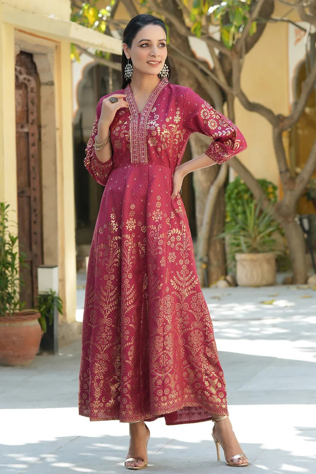 Maroon Ethnic Motif Printed Rayon Anarkali Dress