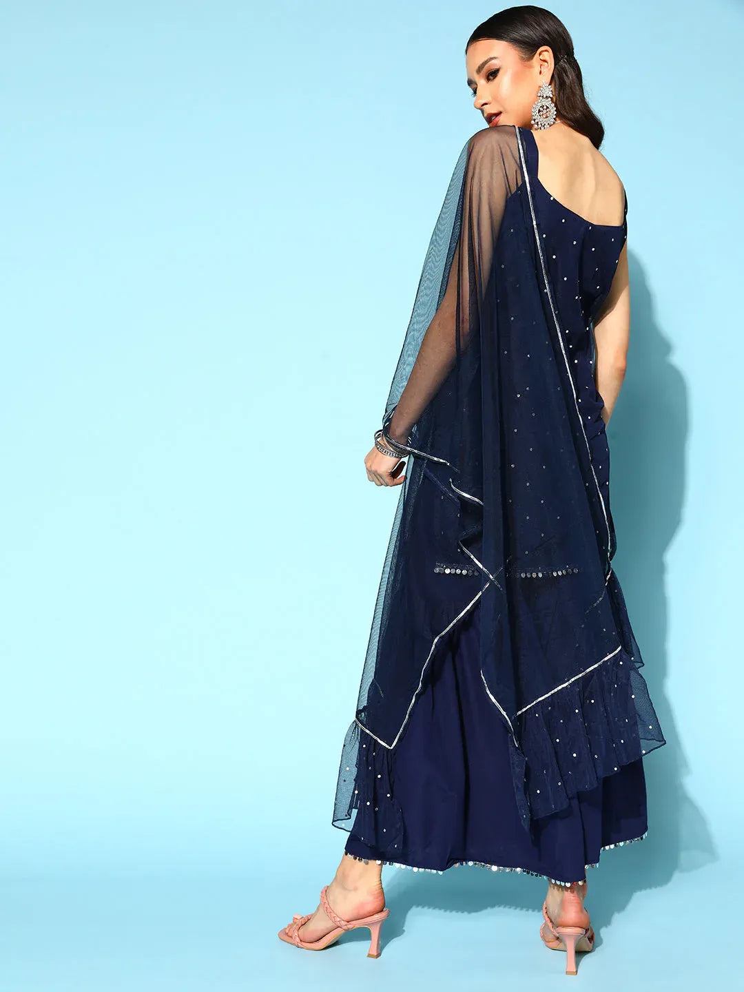 Women's Navy Blue Top to Toe Printed Fusion Sharara Sets With Dupatta