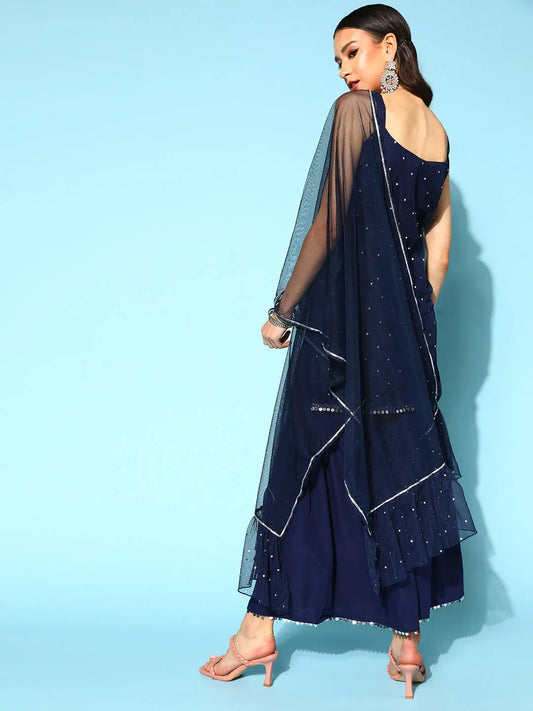 Women's Navy Blue Top to Toe Printed Fusion Sharara Sets With Dupatta