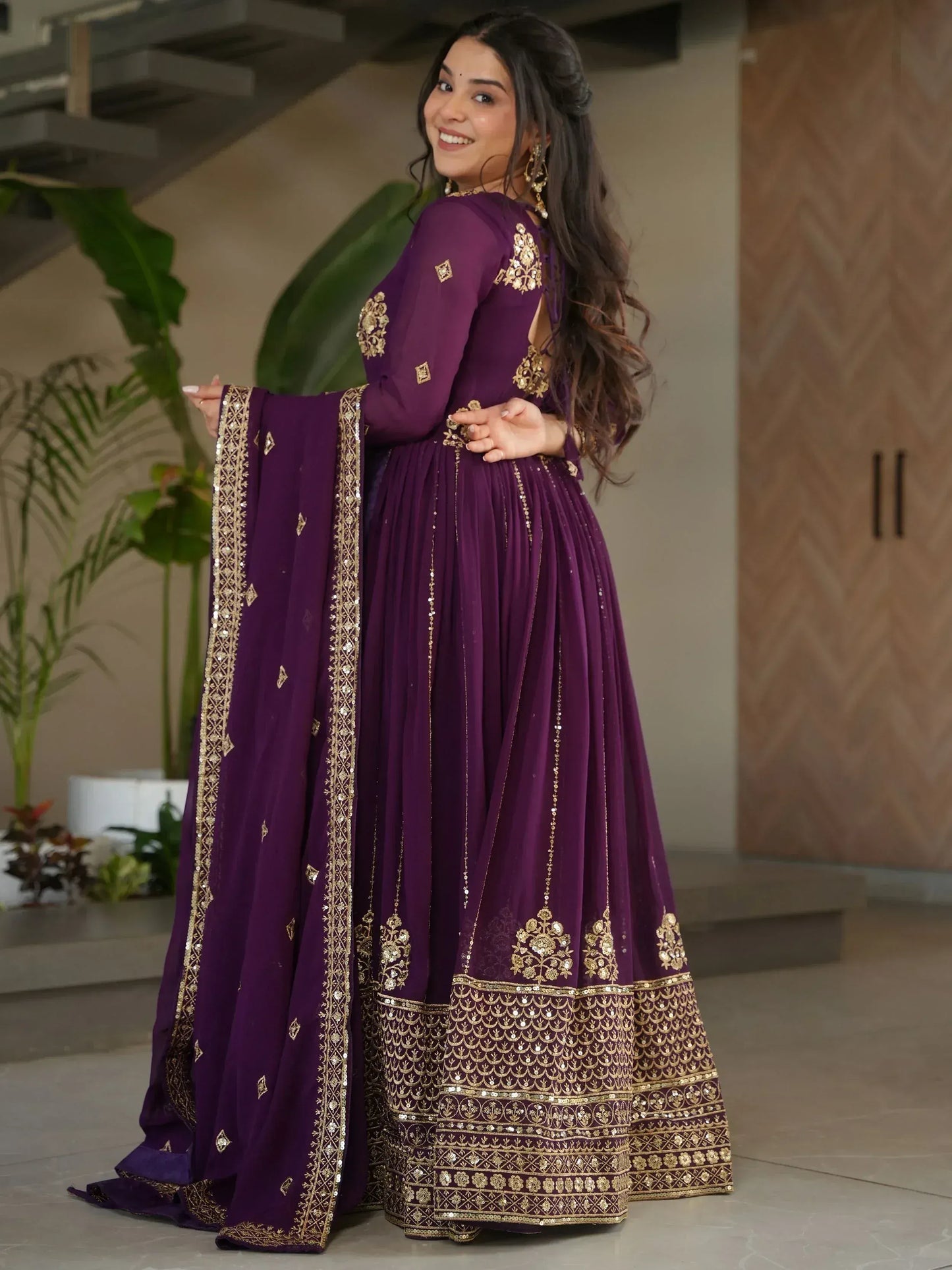 Intricate Georgette Sequins Embroidered Gown With Dupatta