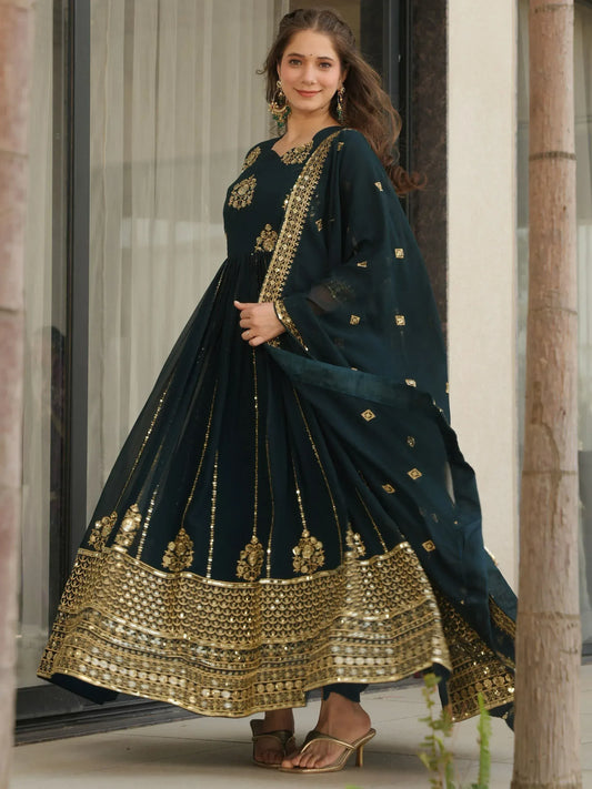 Intricate Georgette Sequins Embroidered Gown With Dupatta