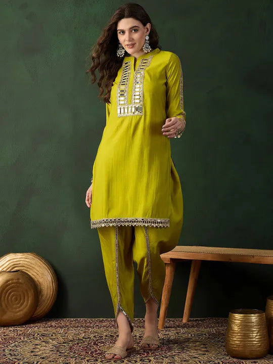 Embellished Mirror Work Roman Silk Tunic With Dhoti Pant
