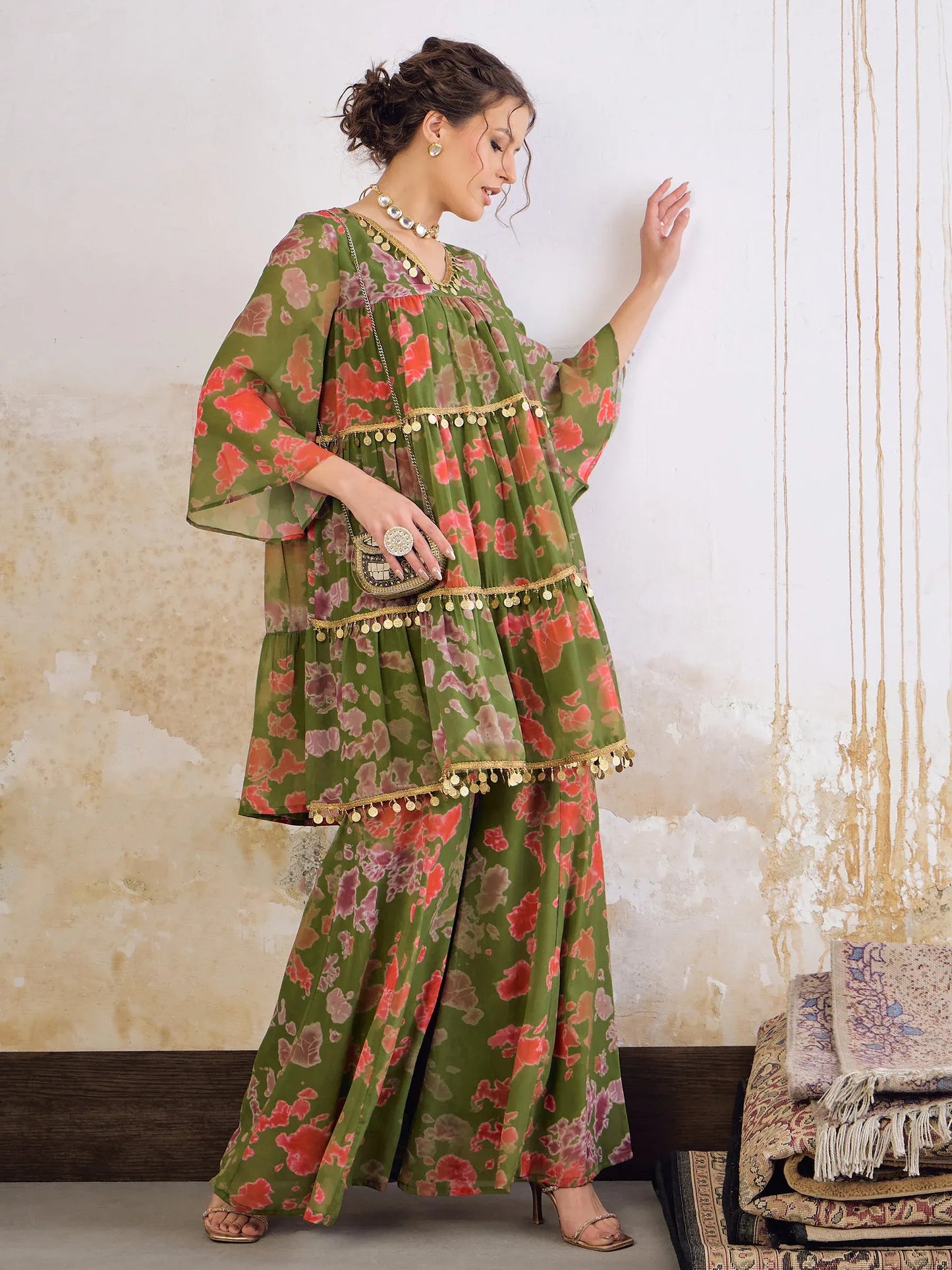 Women Orange/Green Tie & Dye Coin Lace Tired Kurta With Sharara Pants