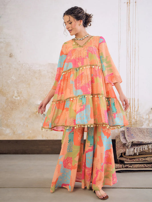 Women Orange/Green Tie & Dye Coin Lace Tired Kurta With Sharara Pants
