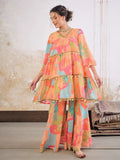 Women Orange/Green Tie & Dye Coin Lace Tired Kurta With Sharara Pants
