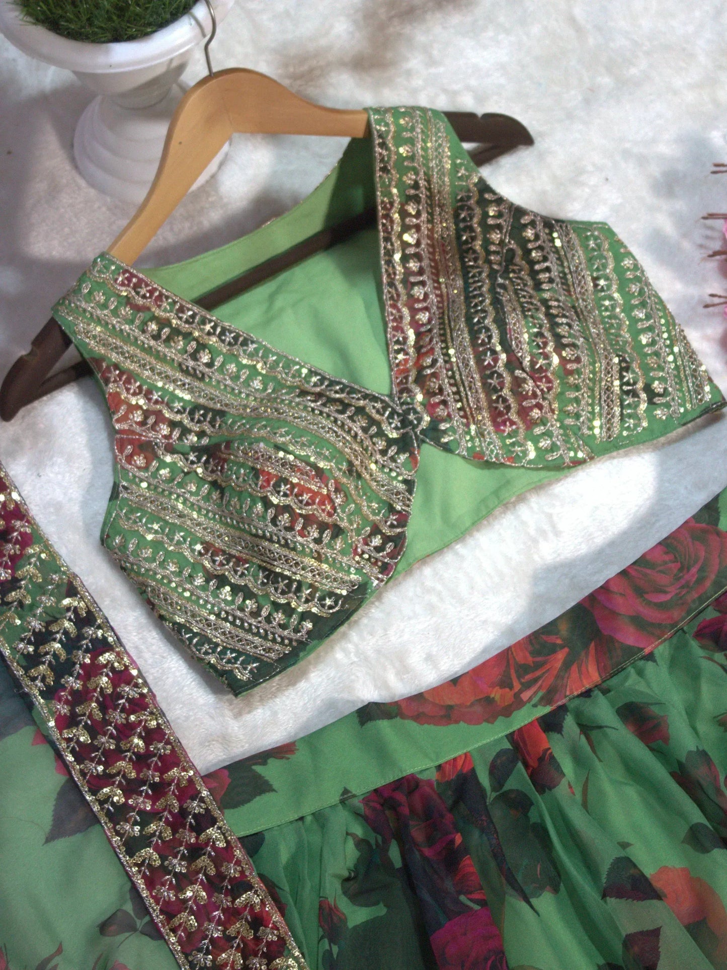 Green Floral Printed Organza Mehndi Wear Lehenga Choli