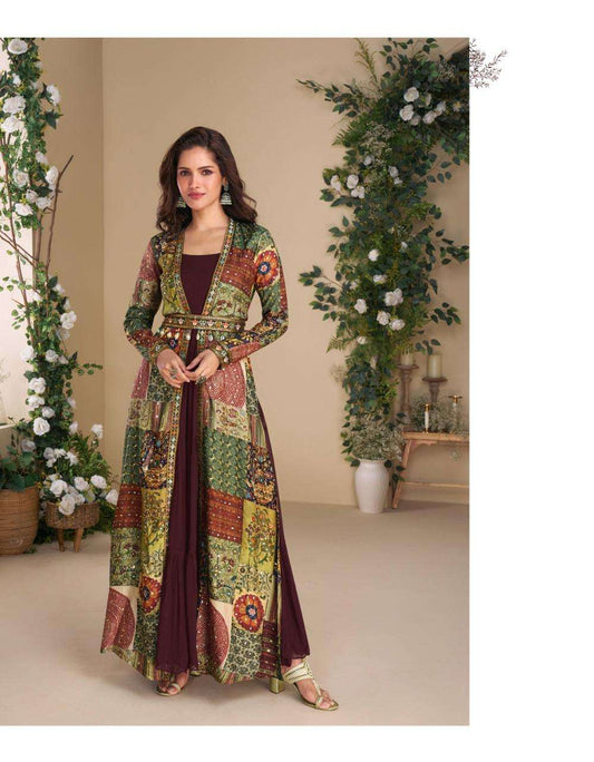 Maroon Patchwork Printed Long Jacket Anarkali Set for Festive Wear