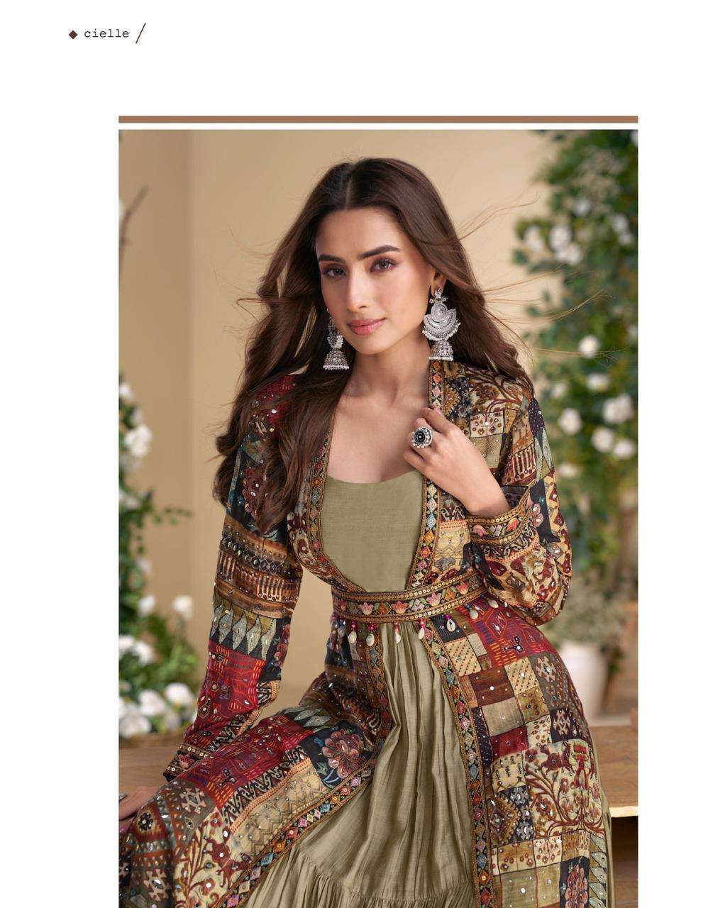 Mehendi Green Patchwork Jacket Style Anarkali Suit with Ethnic Prints