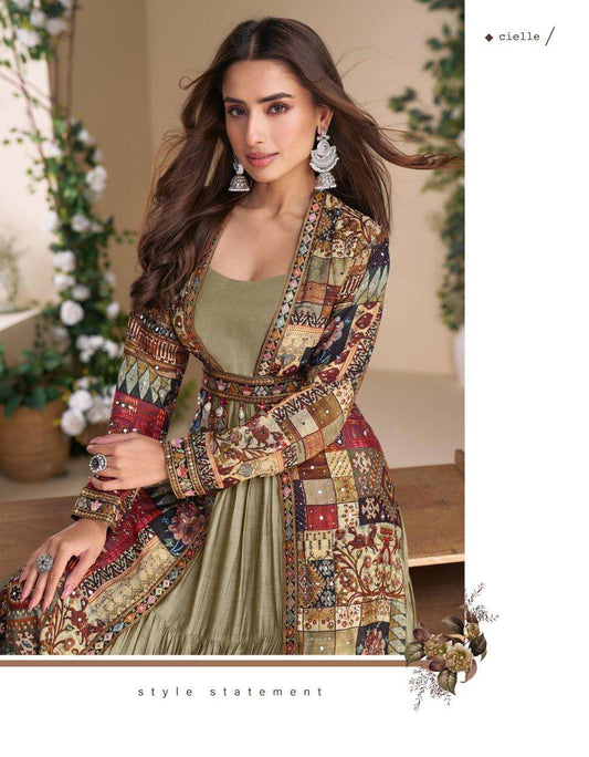 Mehendi Green Patchwork Jacket Style Anarkali Suit with Ethnic Prints