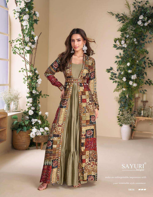 Mehendi Green Patchwork Jacket Style Anarkali Suit with Ethnic Prints