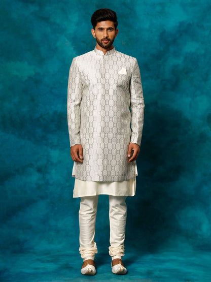 Grey Silk Blend Wedding Wear  Men's Indo Western Set
