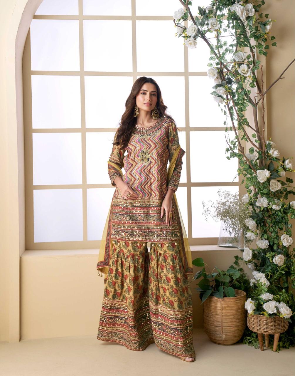 Pastel Multicolor Printed Kurta Sharara Suit with Elegant Dupatta
