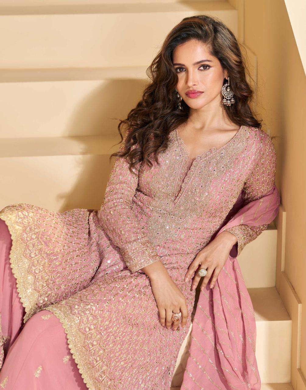 Blush Pink Heavy Embroidered Kurta Palazzo Set with Matching Dupatta