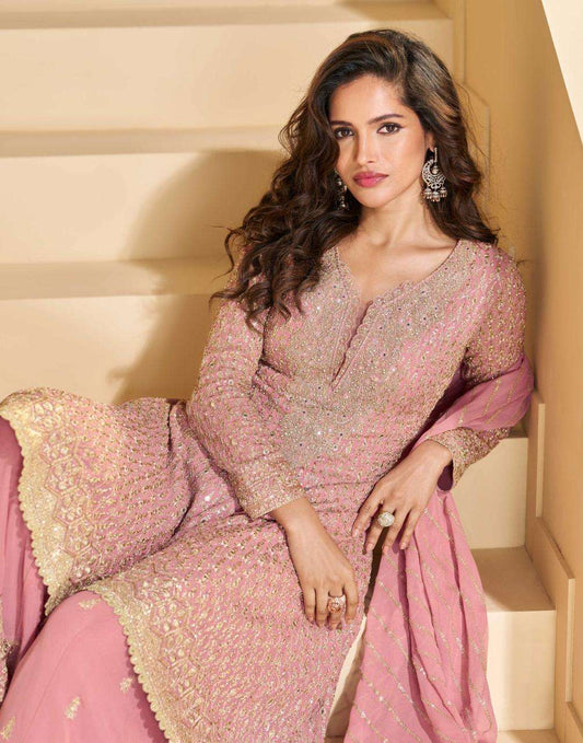 Blush Pink Heavy Embroidered Kurta Palazzo Set with Matching Dupatta