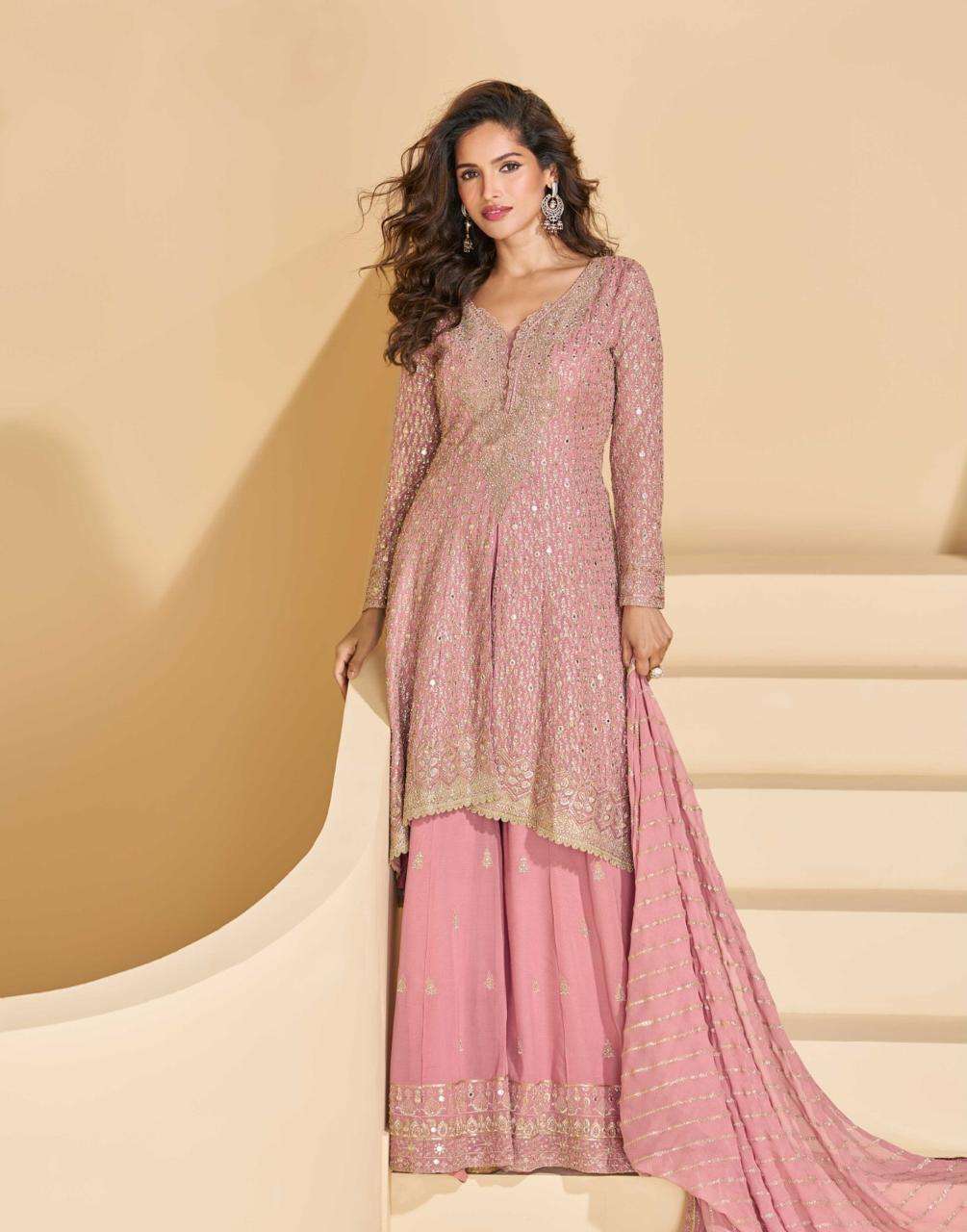 Blush Pink Heavy Embroidered Kurta Palazzo Set with Matching Dupatta