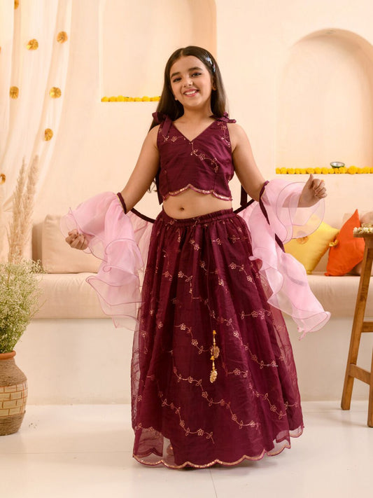 Girl Embellished Thread Work Ready to Wear Lehenga & Blouse With Dupatta