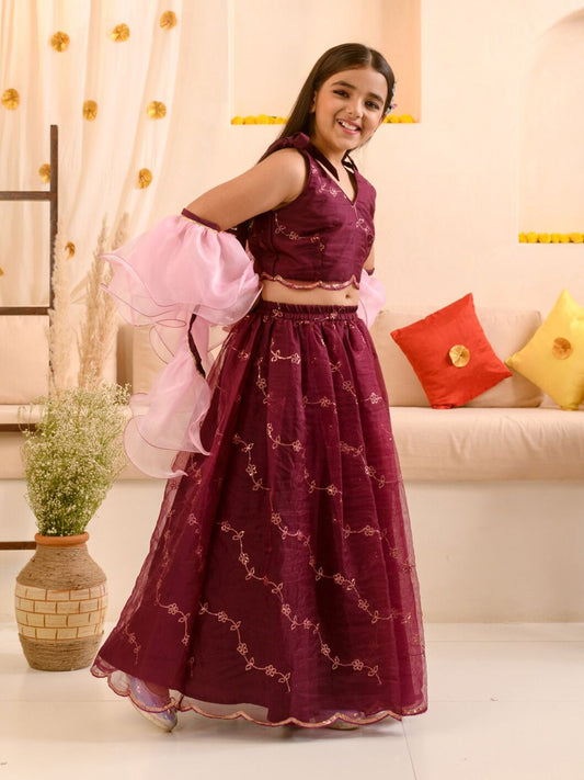 Girl Embellished Thread Work Ready to Wear Lehenga & Blouse With Dupatta