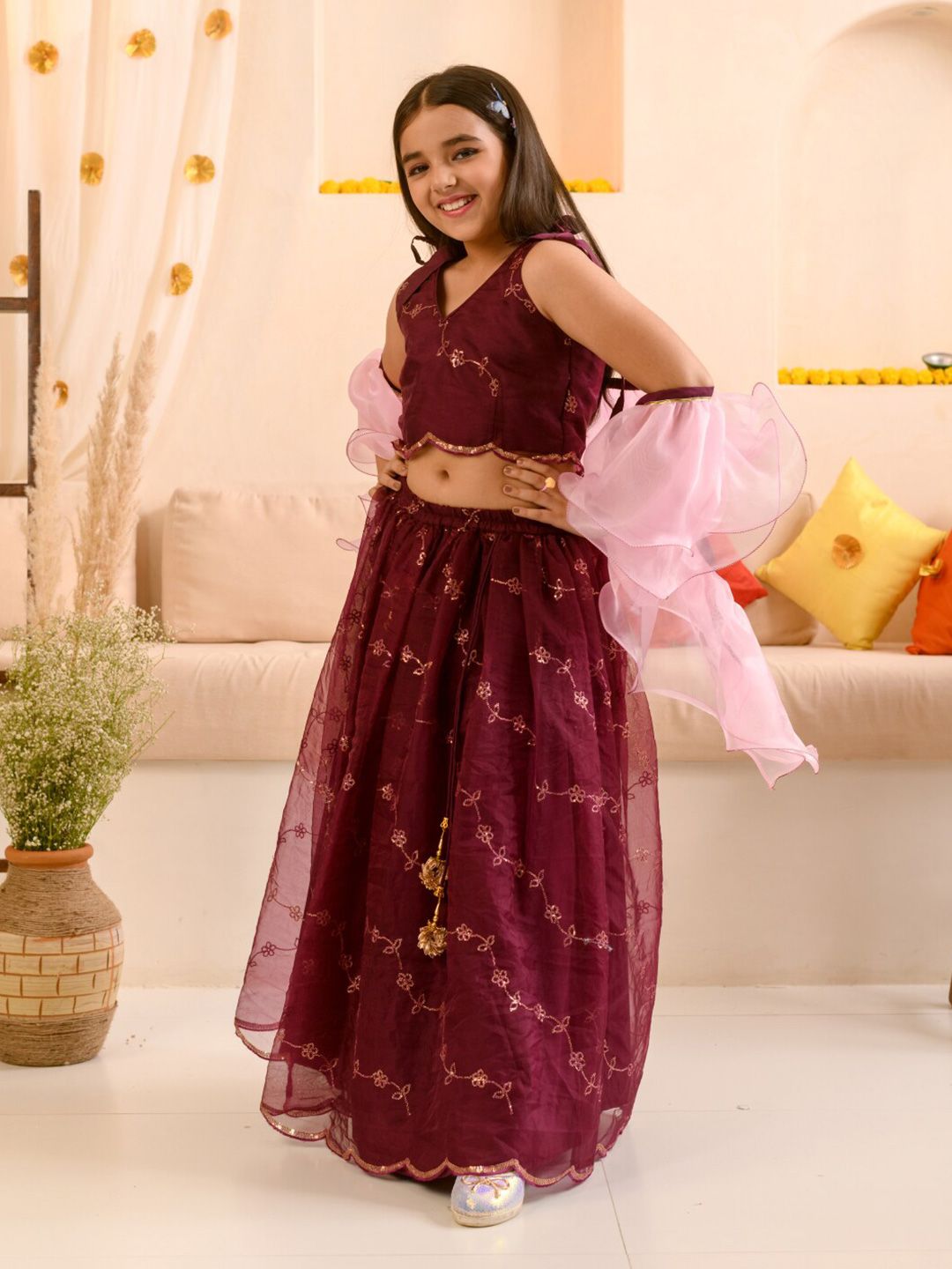 Girl Embellished Thread Work Ready to Wear Lehenga & Blouse With Dupatta