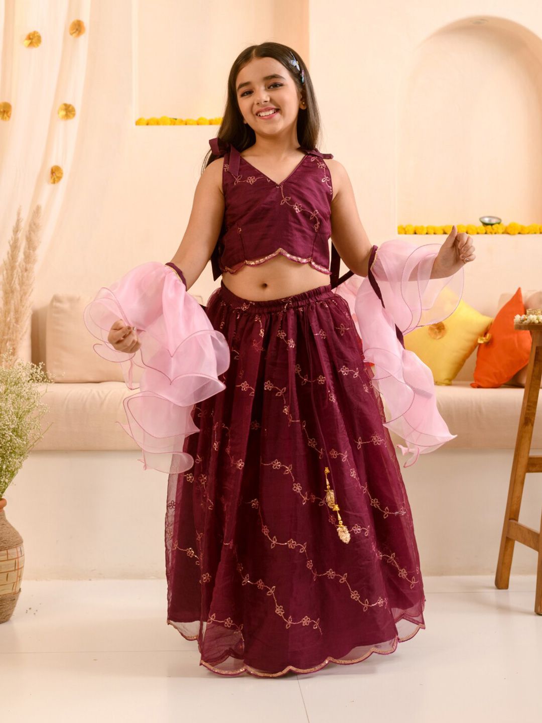 Girl Embellished Thread Work Ready to Wear Lehenga & Blouse With Dupatta
