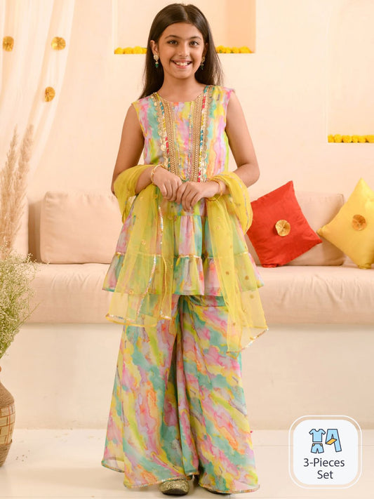 Girls Abstract Printed Sequinned Regular A-Line Kurta & Sharara With Dupatta