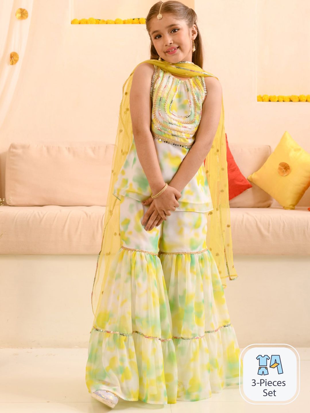 Girls Abstract Printed Sequinned Regular A-Line Kurta & Sharara With Dupatta