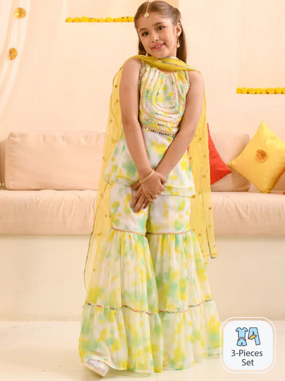 Girls Abstract Printed Sequinned Regular A-Line Kurta & Sharara With Dupatta