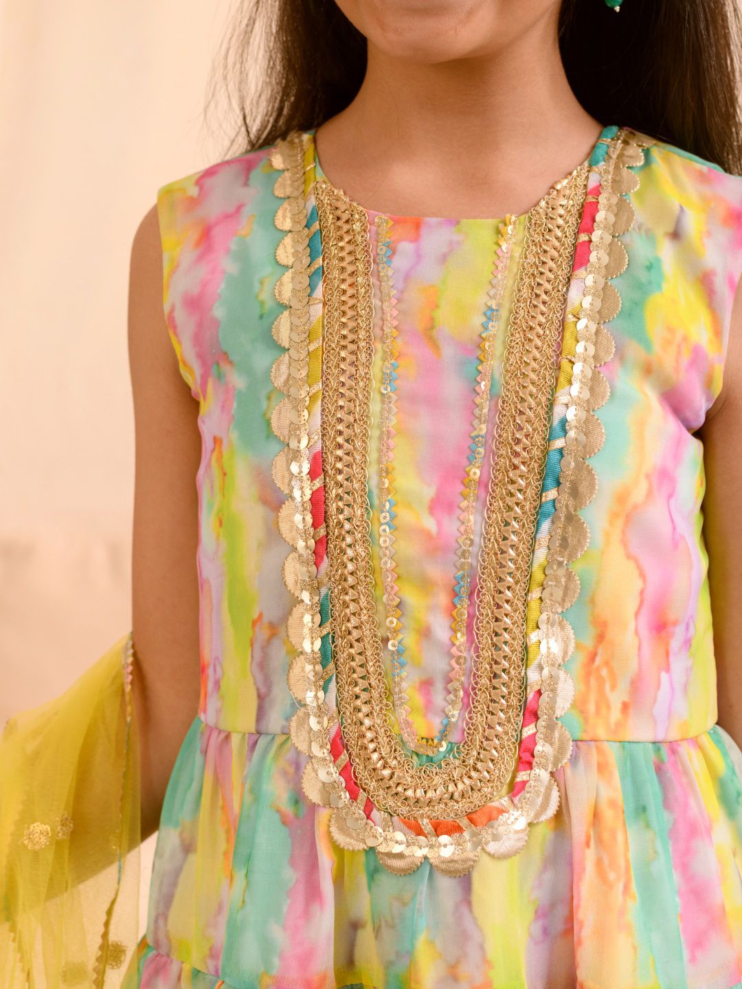 Girls Abstract Printed Sequinned Regular A-Line Kurta & Sharara With Dupatta