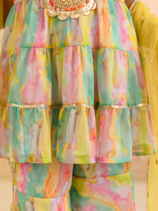 Girls Abstract Printed Sequinned Regular A-Line Kurta & Sharara With Dupatta