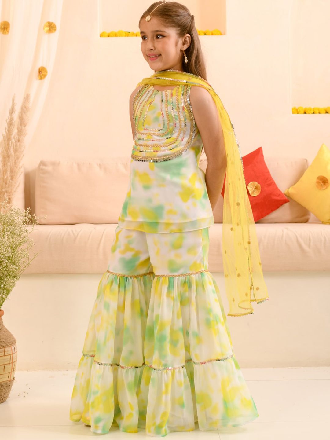 Girls Abstract Printed Sequinned Regular A-Line Kurta & Sharara With Dupatta