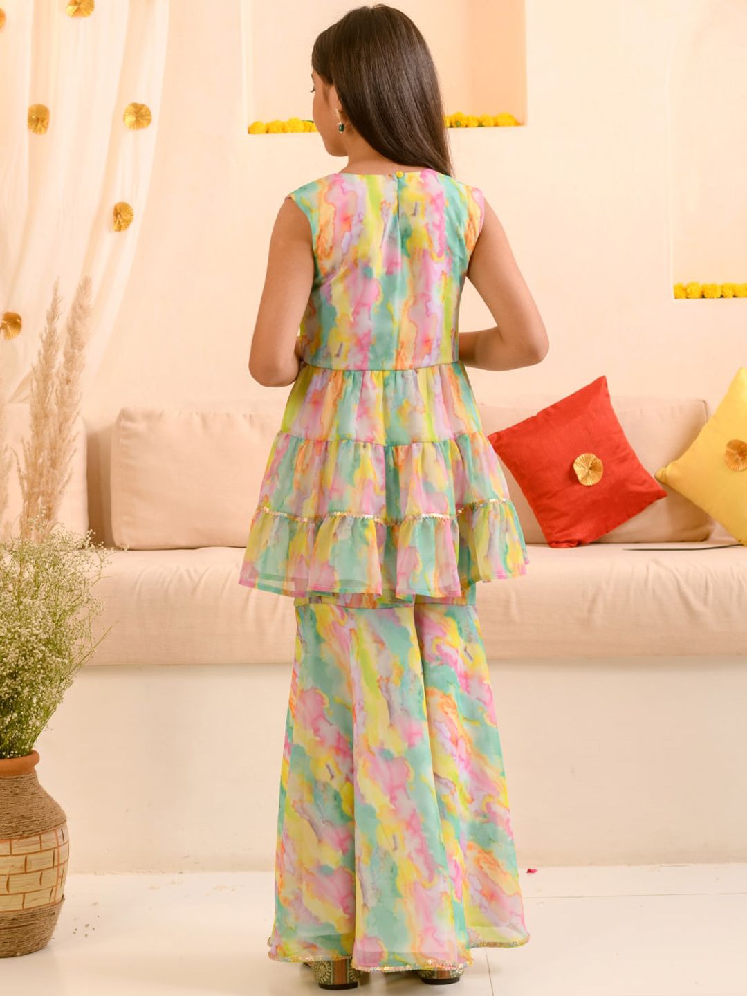 Girls Abstract Printed Sequinned Regular A-Line Kurta & Sharara With Dupatta