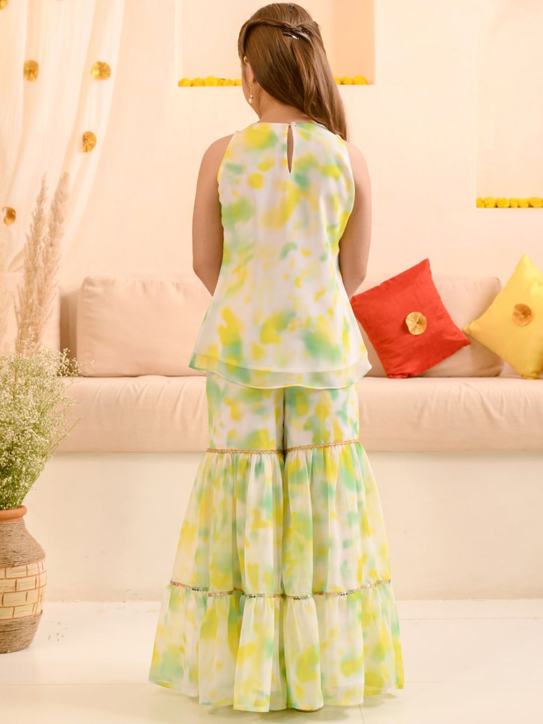 Girls Abstract Printed Sequinned Regular A-Line Kurta & Sharara With Dupatta