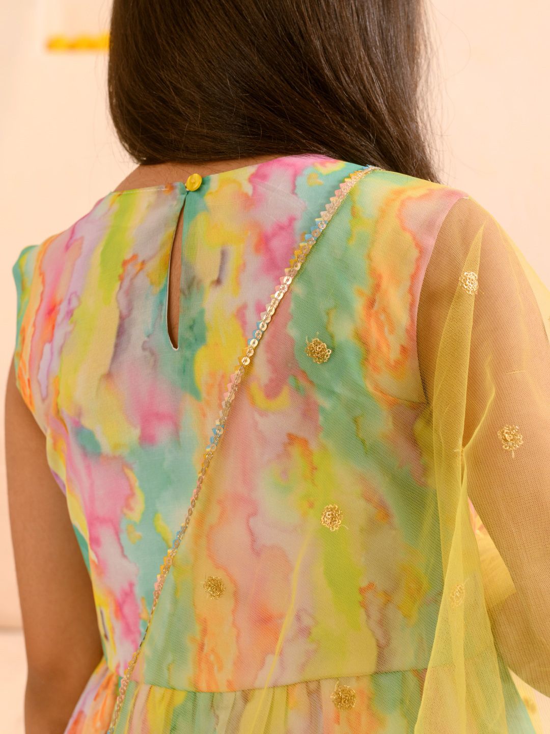 Girls Abstract Printed Sequinned Regular A-Line Kurta & Sharara With Dupatta