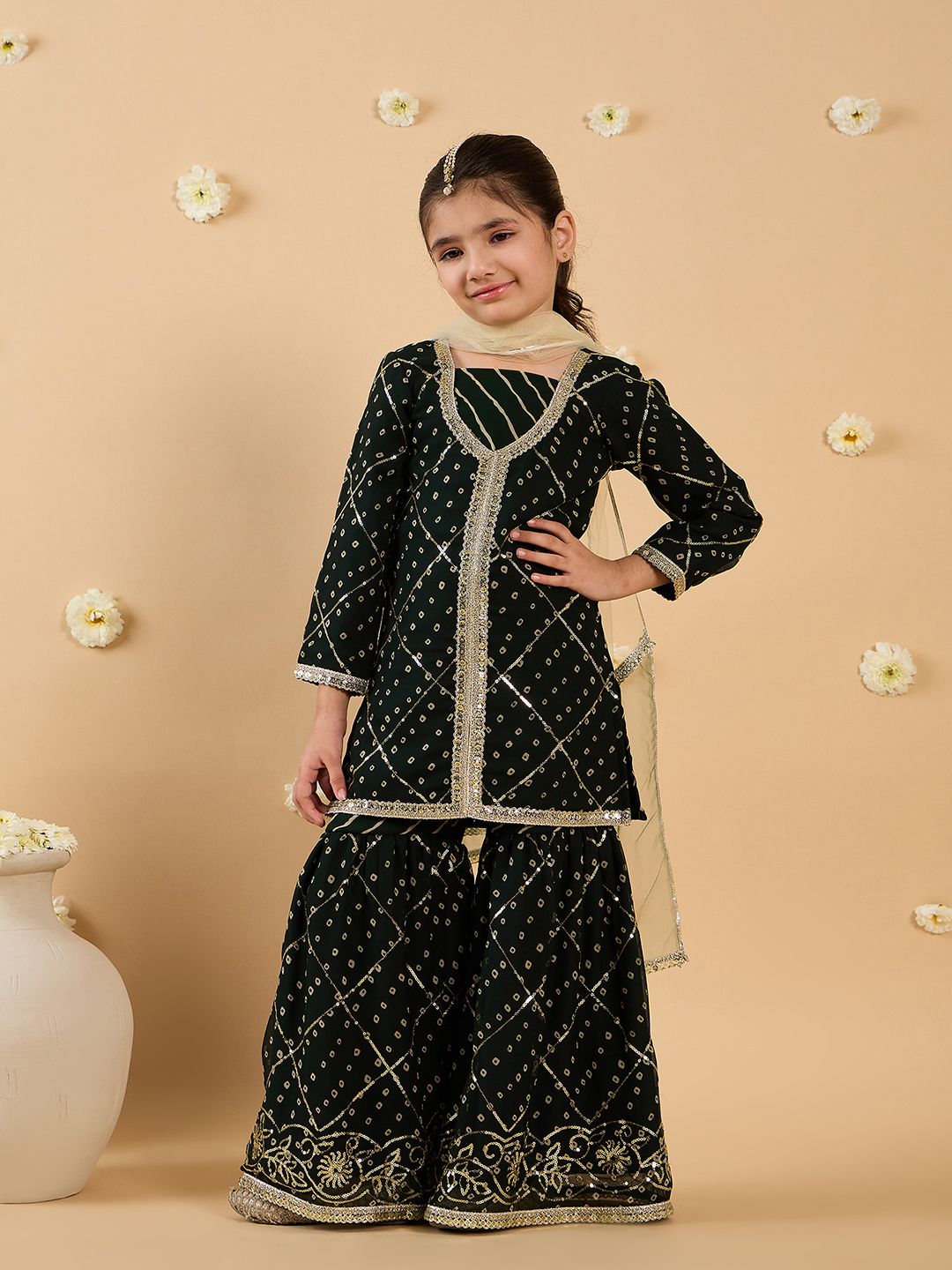 Girls Bandhani Embroidered Angrakha Sequinned Kurta with Sharara & With Dupatta