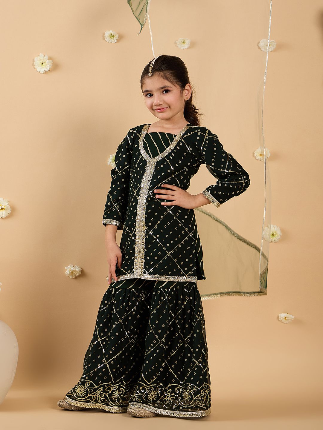 Girls Bandhani Embroidered Angrakha Sequinned Kurta with Sharara & With Dupatta