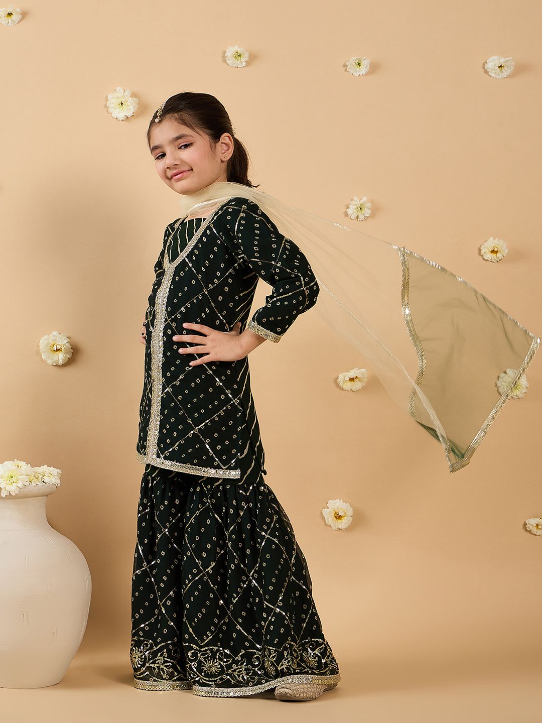 Girls Bandhani Embroidered Angrakha Sequinned Kurta with Sharara & With Dupatta