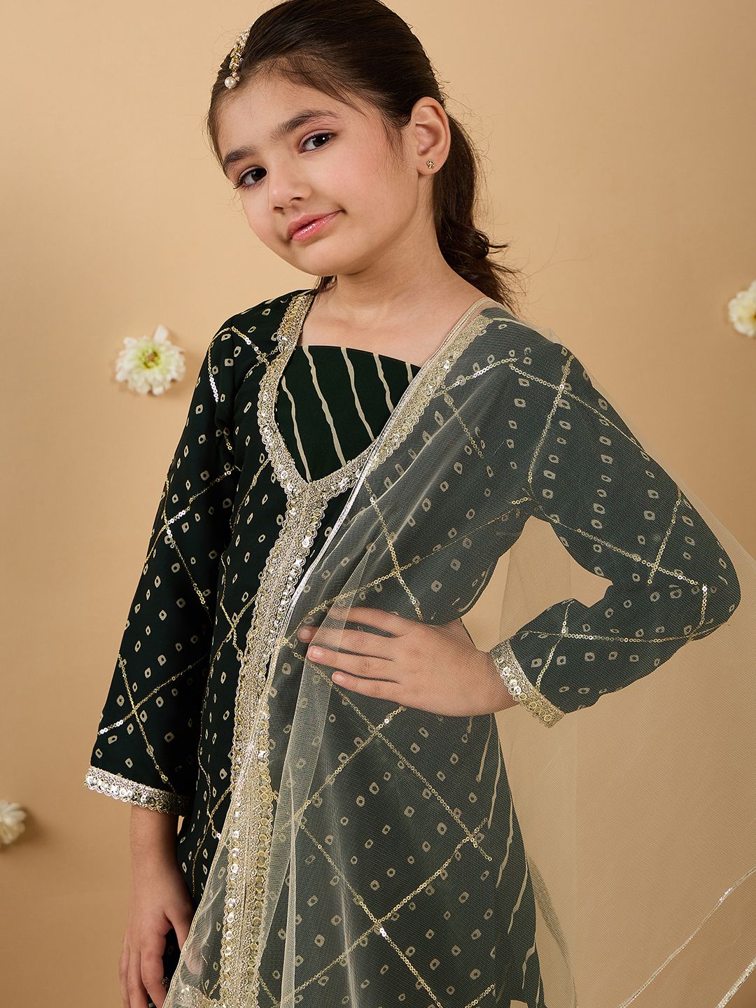 Girls Bandhani Embroidered Angrakha Sequinned Kurta with Sharara & With Dupatta