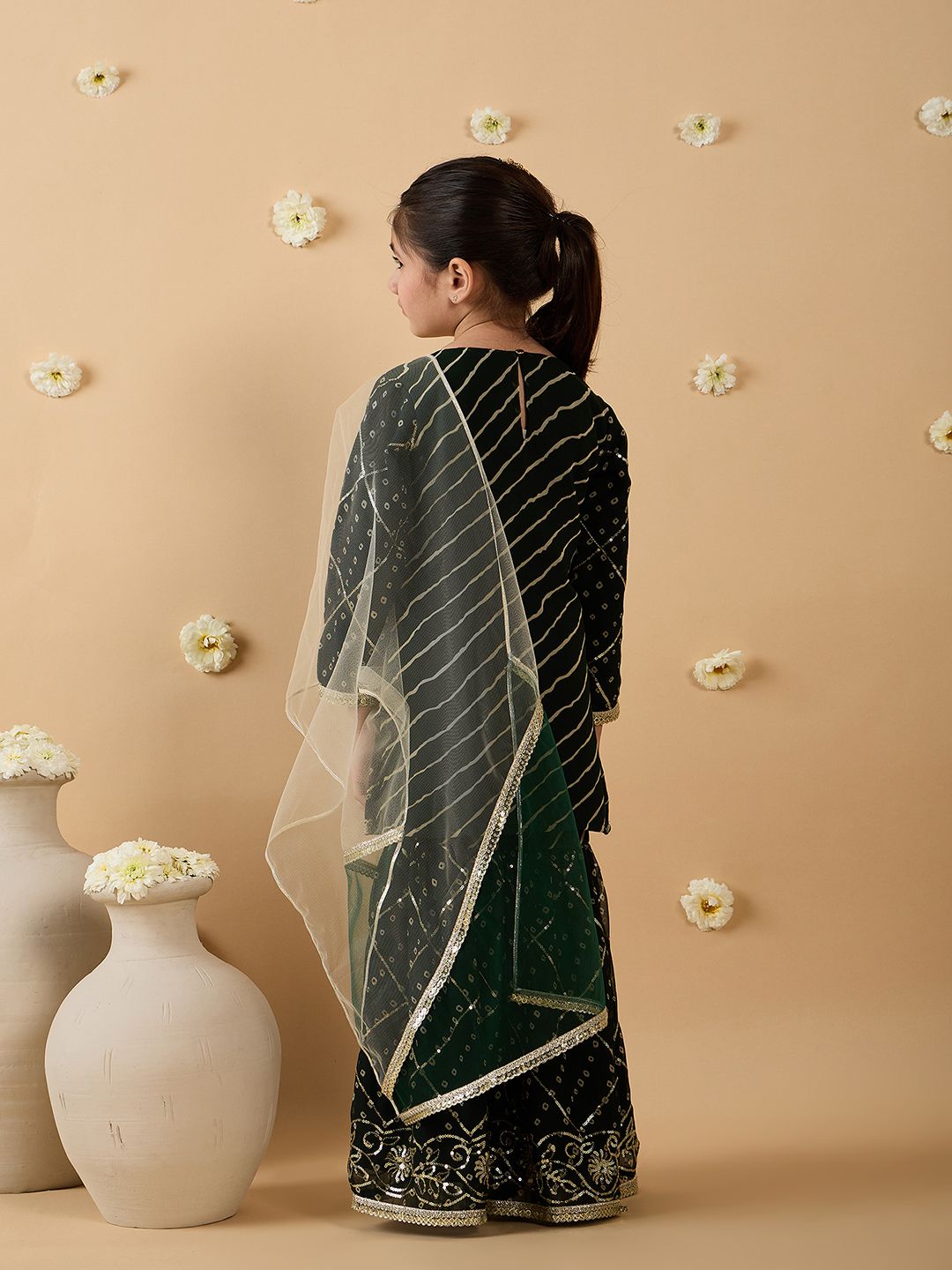 Girls Bandhani Embroidered Angrakha Sequinned Kurta with Sharara & With Dupatta