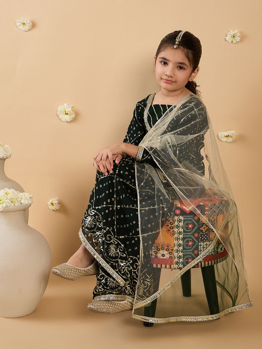 Girls Bandhani Embroidered Angrakha Sequinned Kurta with Sharara & With Dupatta