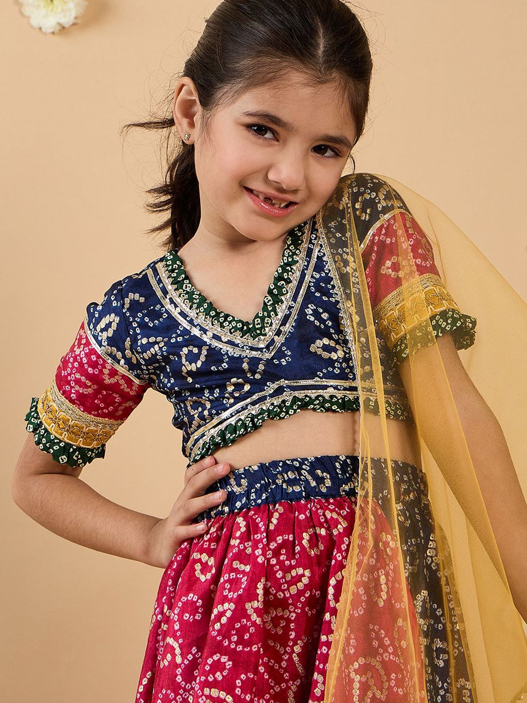 Girls Bandhani Printed Gotta Patti Cotton Lehenga With Choli And Dupatta