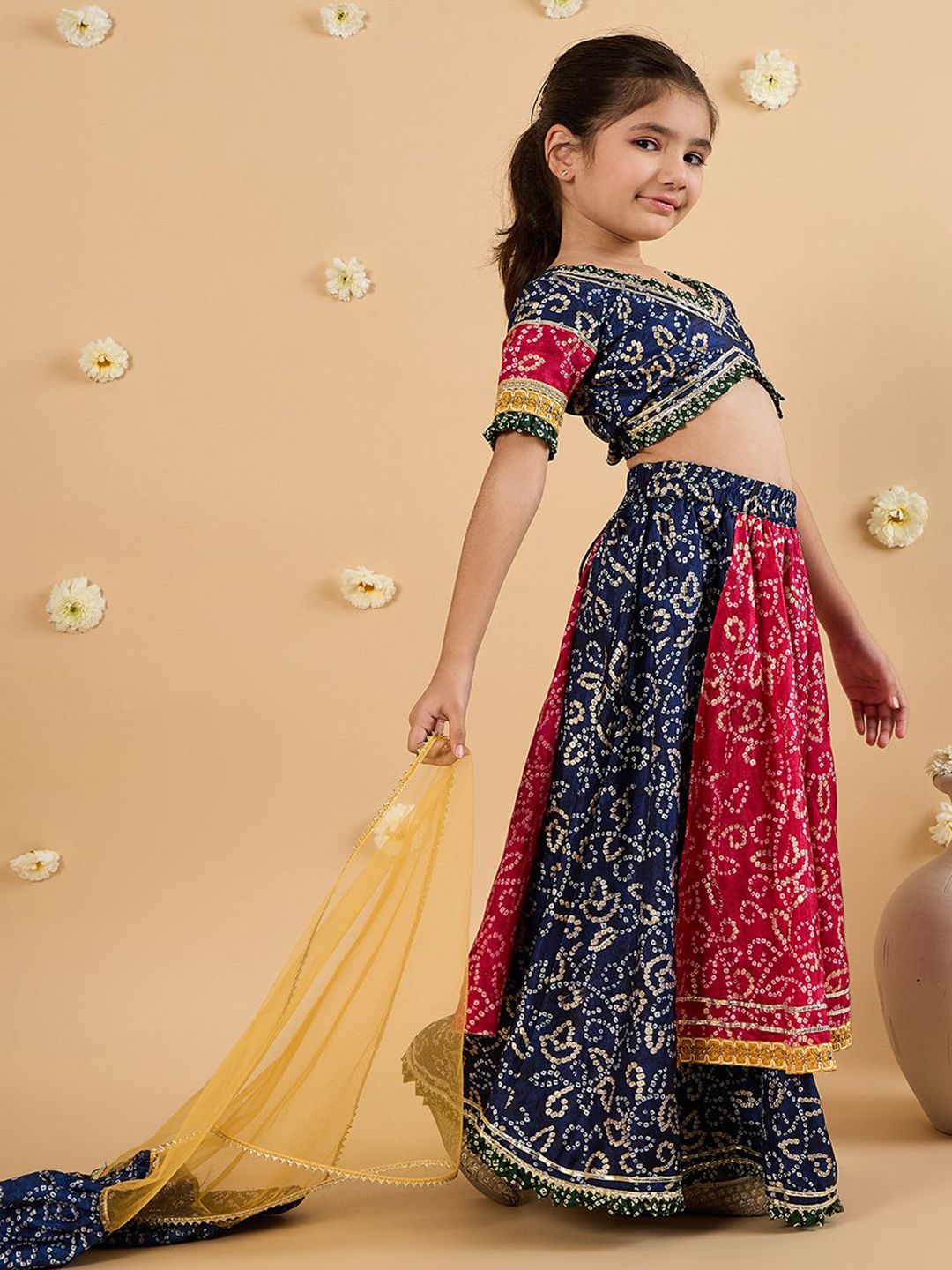 Girls Bandhani Printed Gotta Patti Cotton Lehenga With Choli And Dupatta