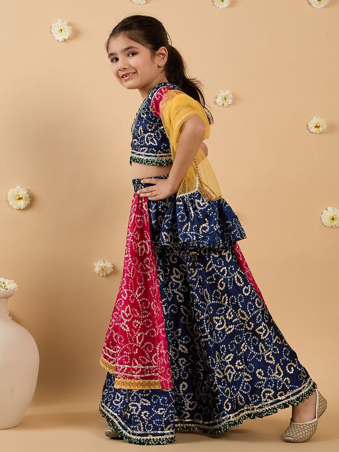 Girls Bandhani Printed Gotta Patti Cotton Lehenga With Choli And Dupatta