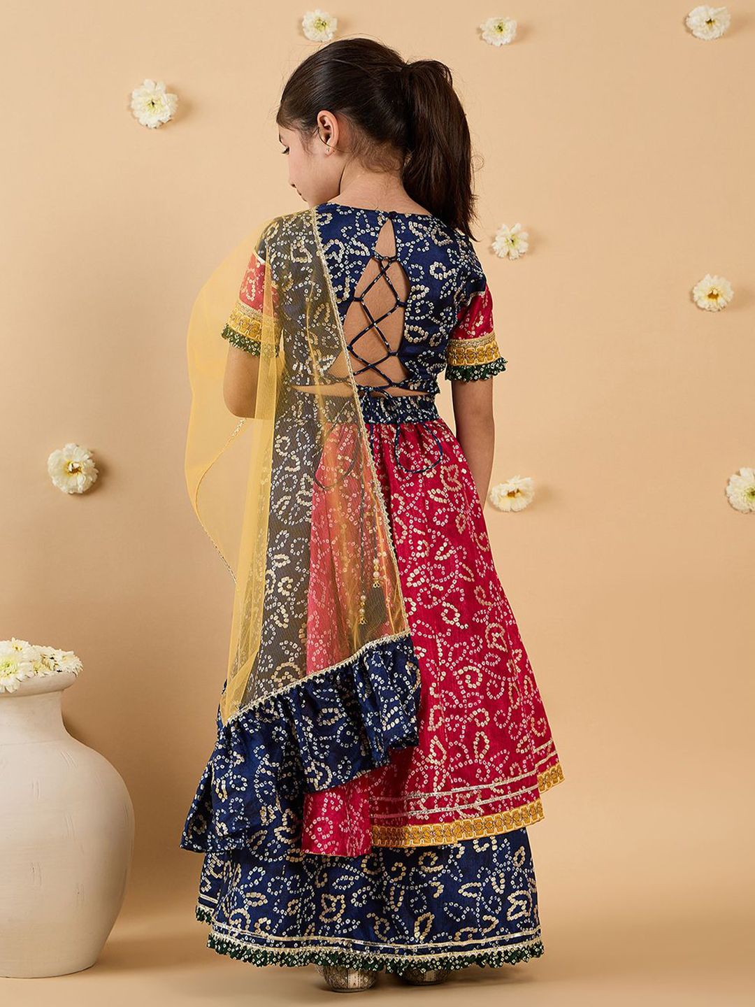 Girls Bandhani Printed Gotta Patti Cotton Lehenga With Choli And Dupatta