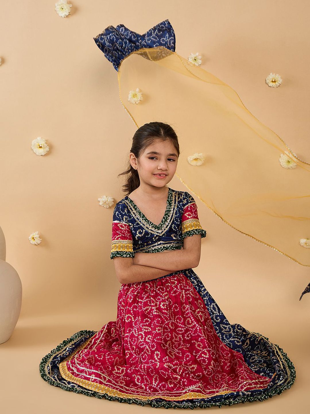 Girls Bandhani Printed Gotta Patti Cotton Lehenga With Choli And Dupatta