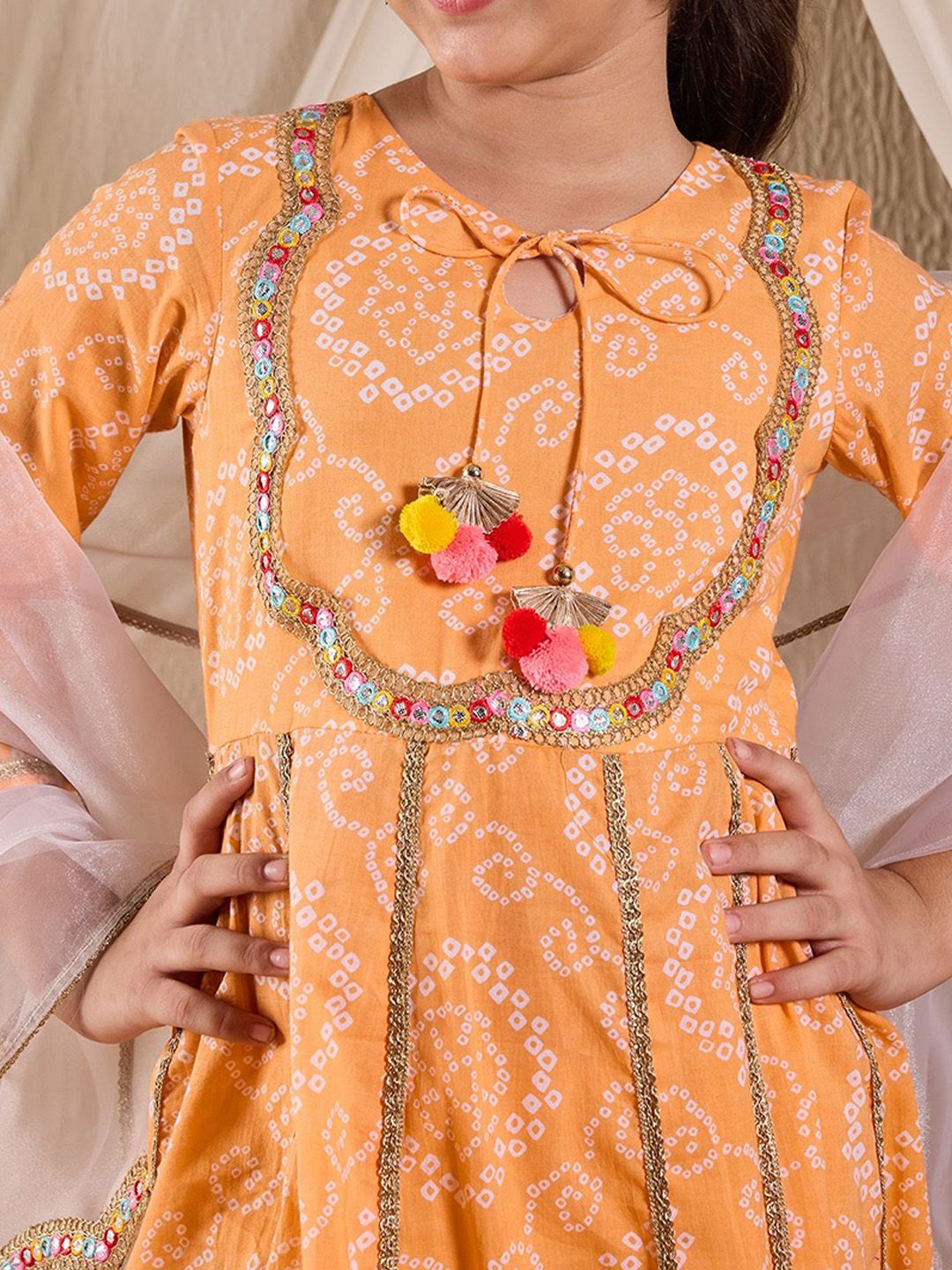 Girls Bandhani Printed Panelled Cotton Anarkali Kurta With Trouser & Dupatta