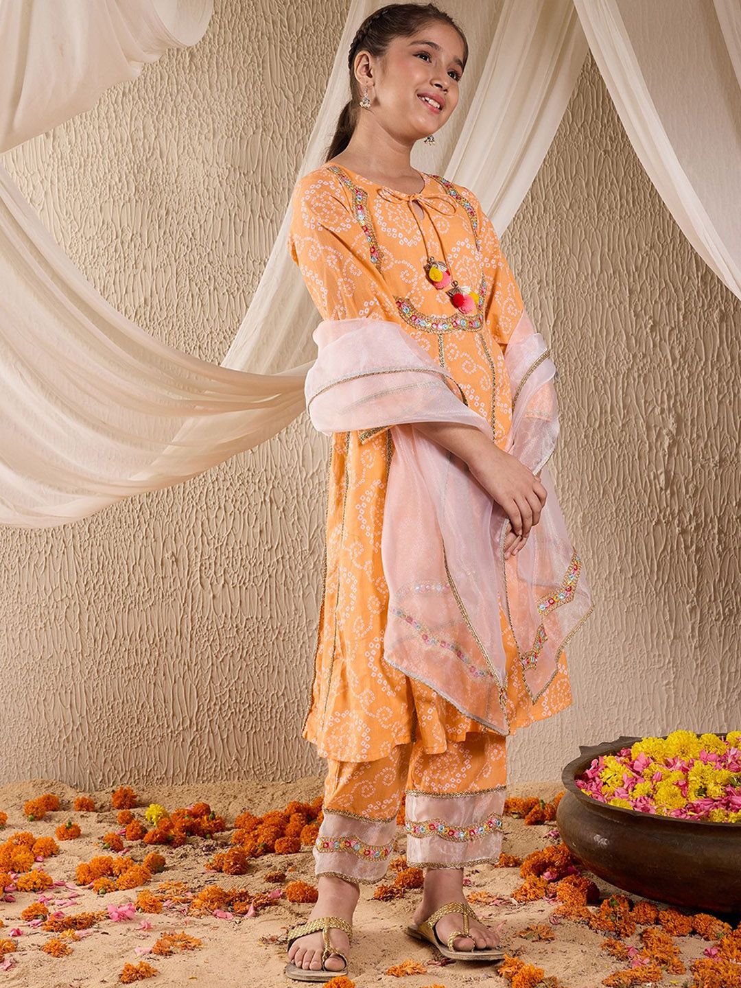Girls Bandhani Printed Panelled Cotton Anarkali Kurta With Trouser & Dupatta