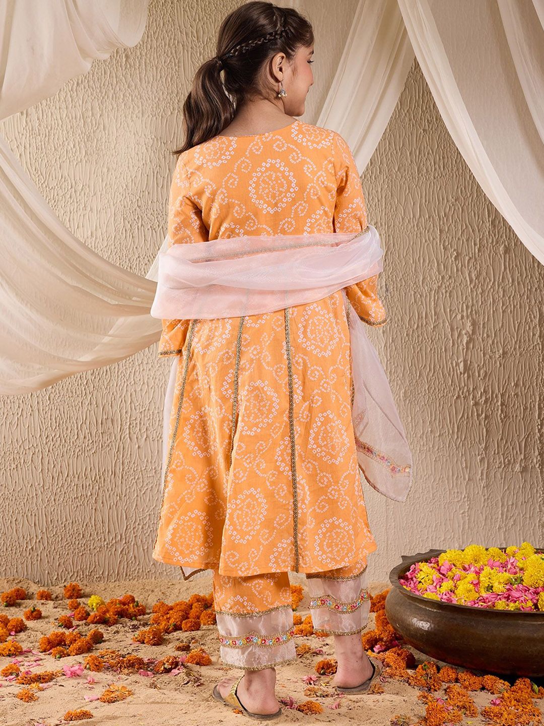 Girls Bandhani Printed Panelled Cotton Anarkali Kurta With Trouser & Dupatta