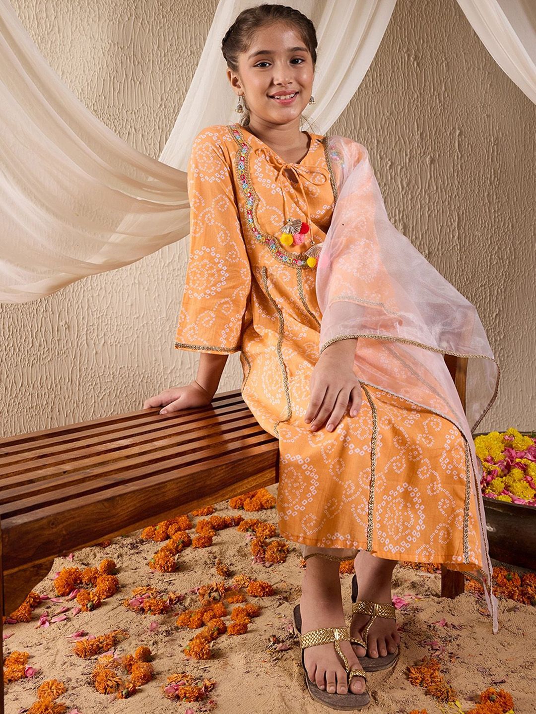 Girls Bandhani Printed Panelled Cotton Anarkali Kurta With Trouser & Dupatta
