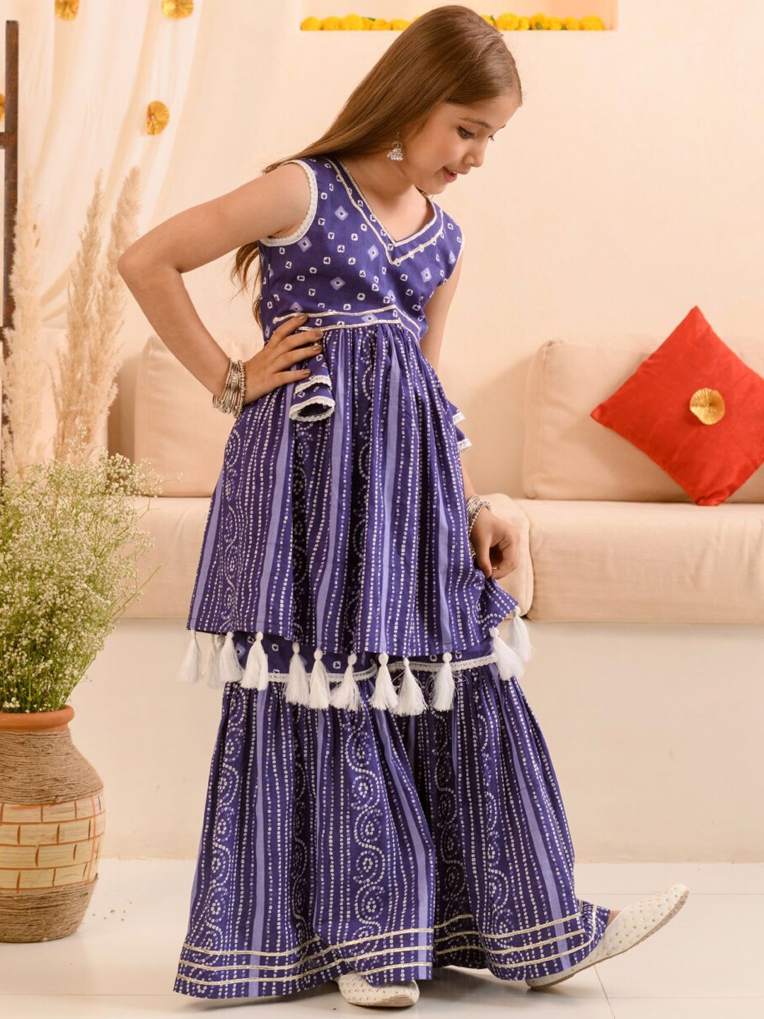 Girls Bandhani Printed Pure Cotton Anarkali Kurta With Sharara