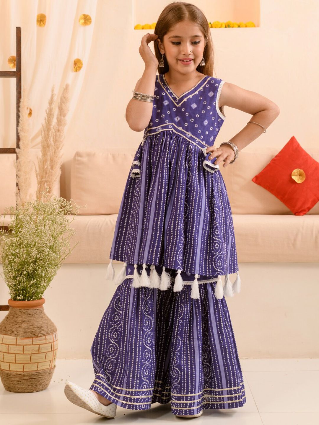 Girls Bandhani Printed Pure Cotton Anarkali Kurta With Sharara